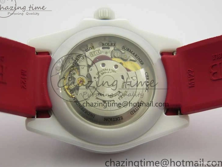 0123 WrinkleFree Submariner 40mm White Ceramic 5GF Best Edition White Red Dial on Red Rubber Strap SA 2485